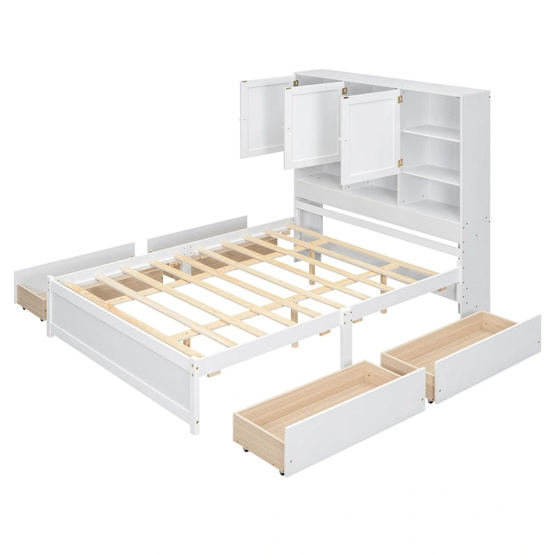Lit plateforme Queen gris/blanc avec tête de lit de rangement et 4 tiroirs, pour 1 à 2 personnes