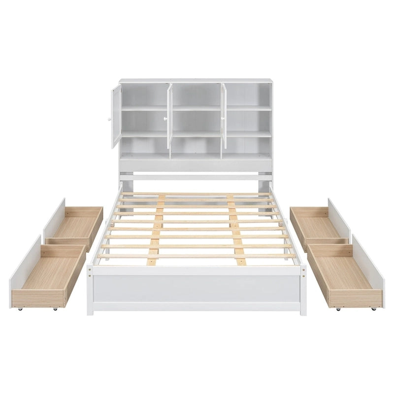 Lit plateforme Queen gris/blanc avec tête de lit de rangement et 4 tiroirs, pour 1 à 2 personnes