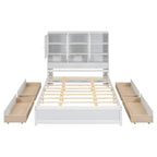 Lit plateforme Queen gris/blanc avec tête de lit de rangement et 4 tiroirs, pour 1 à 2 personnes