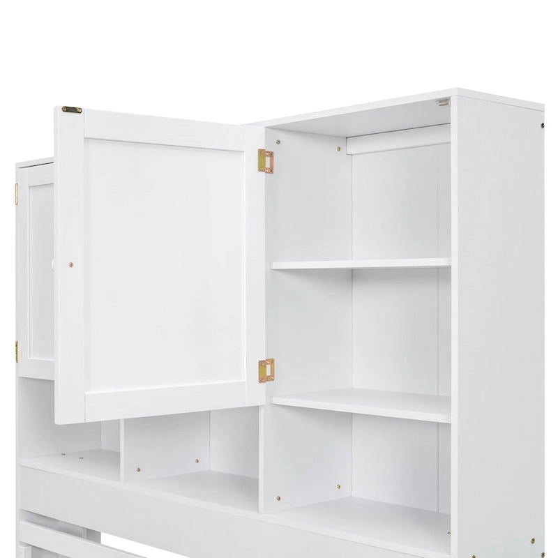 Lit plateforme Queen gris/blanc avec tête de lit de rangement et 4 tiroirs, pour 1 à 2 personnes