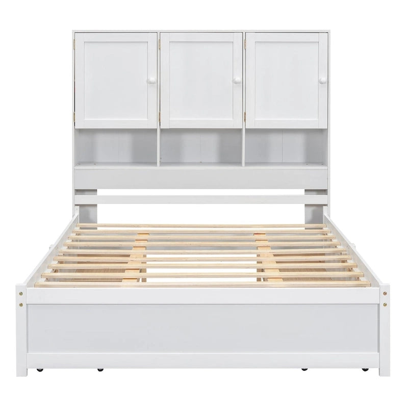 Lit plateforme Queen gris/blanc avec tête de lit de rangement et 4 tiroirs, pour 1 à 2 personnes