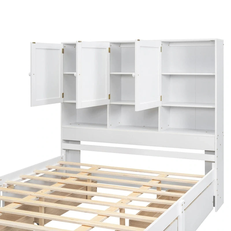 Lit plateforme Queen gris/blanc avec tête de lit de rangement et 4 tiroirs, pour 1 à 2 personnes