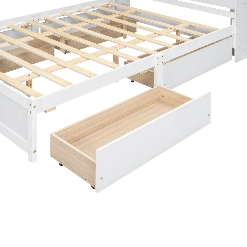 Lit plateforme Queen gris/blanc avec tête de lit de rangement et 4 tiroirs, pour 1 à 2 personnes