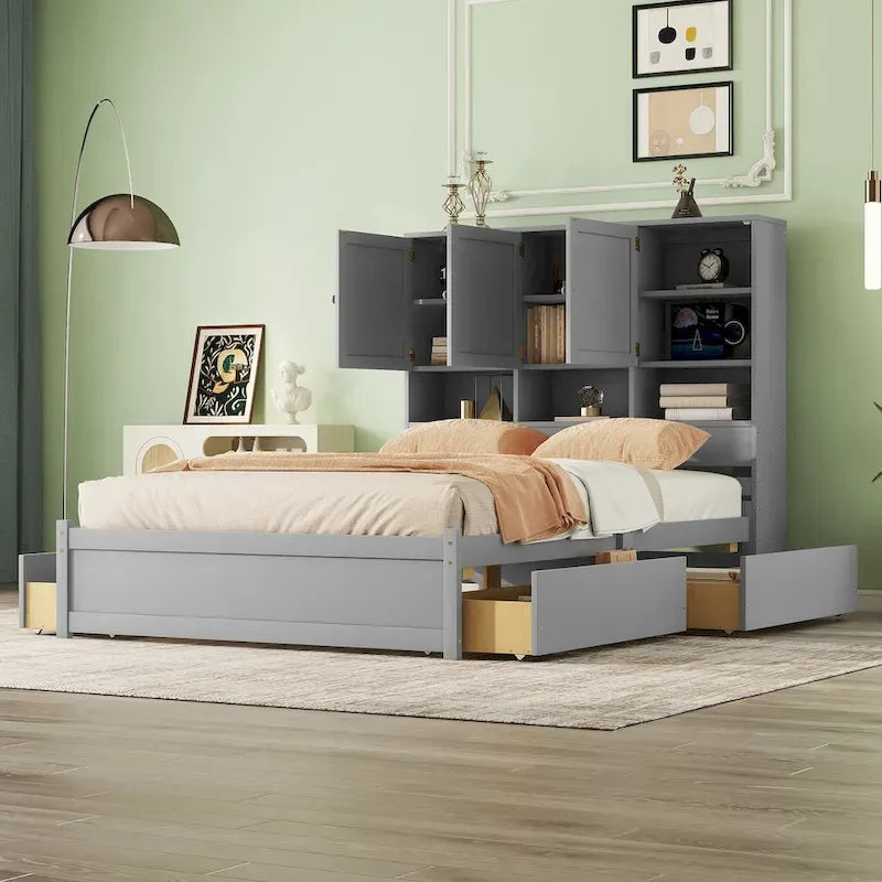 Lit plateforme Queen gris/blanc avec tête de lit de rangement et 4 tiroirs, pour 1 à 2 personnes