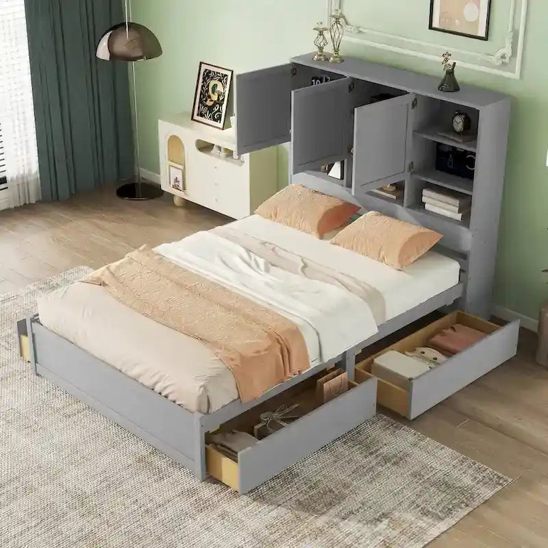 Lit plateforme Queen gris/blanc avec tête de lit de rangement et 4 tiroirs, pour 1 à 2 personnes