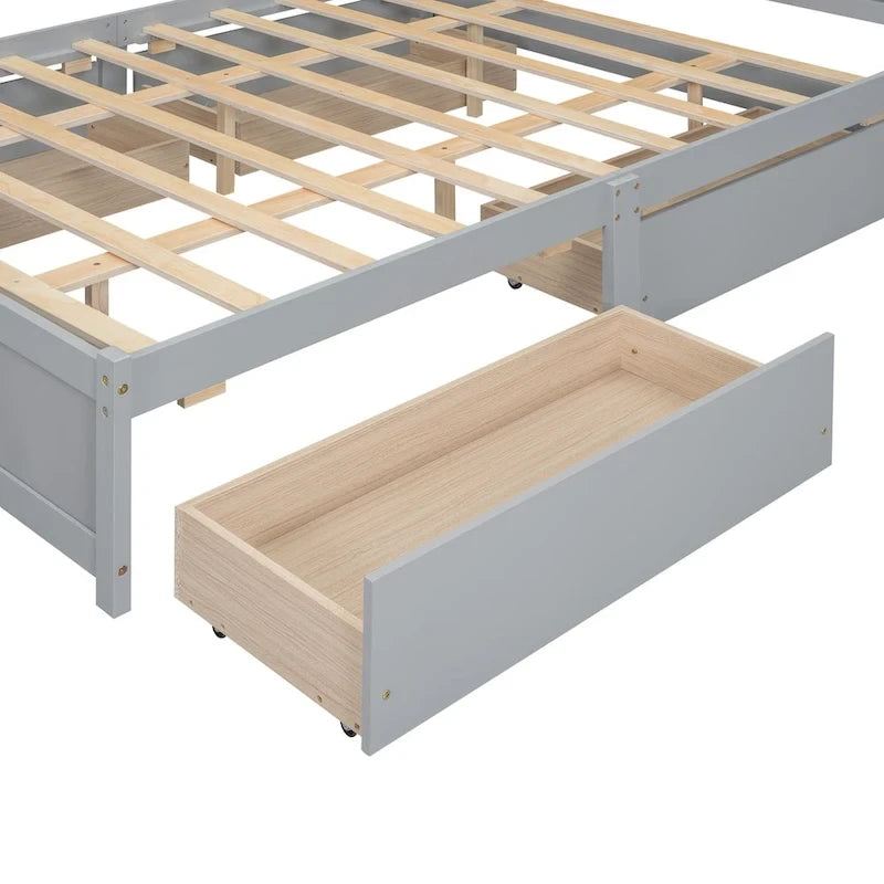 Lit plateforme Queen gris/blanc avec tête de lit de rangement et 4 tiroirs, pour 1 à 2 personnes