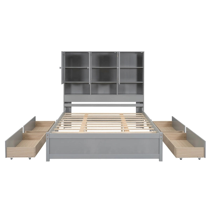 Lit plateforme Queen gris/blanc avec tête de lit de rangement et 4 tiroirs, pour 1 à 2 personnes