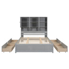 Lit plateforme Queen gris/blanc avec tête de lit de rangement et 4 tiroirs, pour 1 à 2 personnes