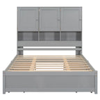 Lit plateforme Queen gris/blanc avec tête de lit de rangement et 4 tiroirs, pour 1 à 2 personnes