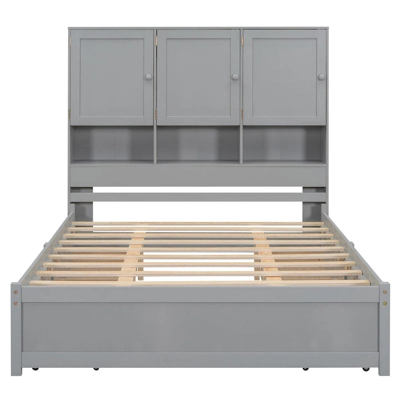 Lit plateforme Queen gris/blanc avec tête de lit de rangement et 4 tiroirs, pour 1 à 2 personnes