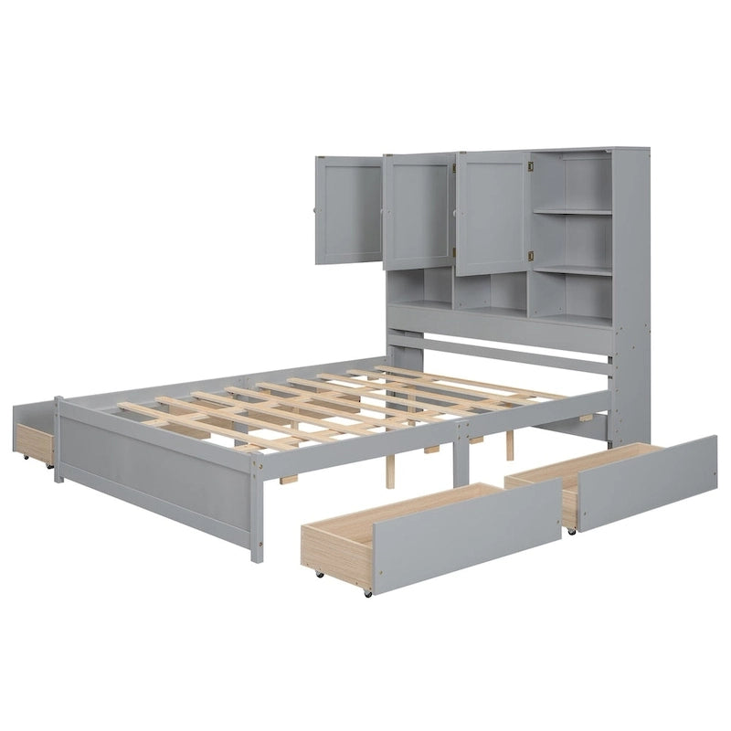 Lit plateforme Queen gris/blanc avec tête de lit de rangement et 4 tiroirs, pour 1 à 2 personnes