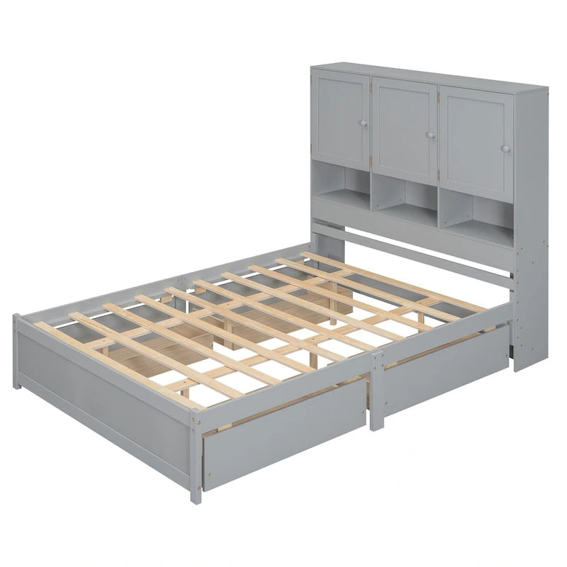 Lit plateforme Queen gris/blanc avec tête de lit de rangement et 4 tiroirs, pour 1 à 2 personnes