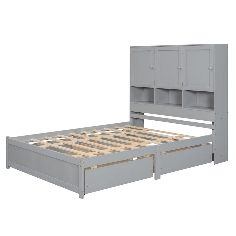 Lit plateforme Queen gris/blanc avec tête de lit de rangement et 4 tiroirs, pour 1 à 2 personnes