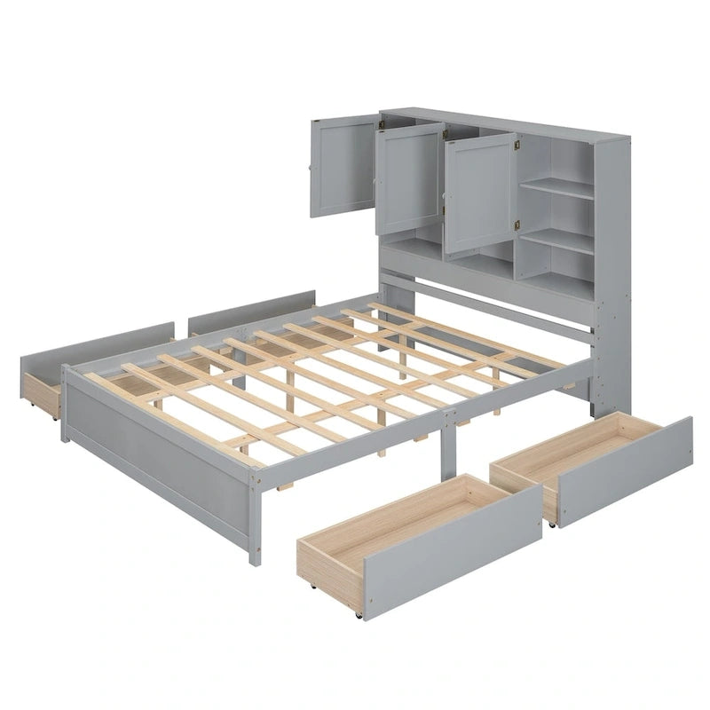 Lit plateforme Queen gris/blanc avec tête de lit de rangement et 4 tiroirs, pour 1 à 2 personnes