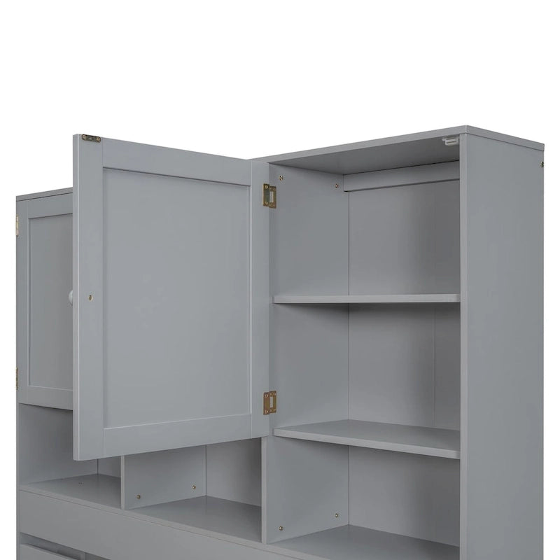 Lit plateforme Queen gris/blanc avec tête de lit de rangement et 4 tiroirs, pour 1 à 2 personnes