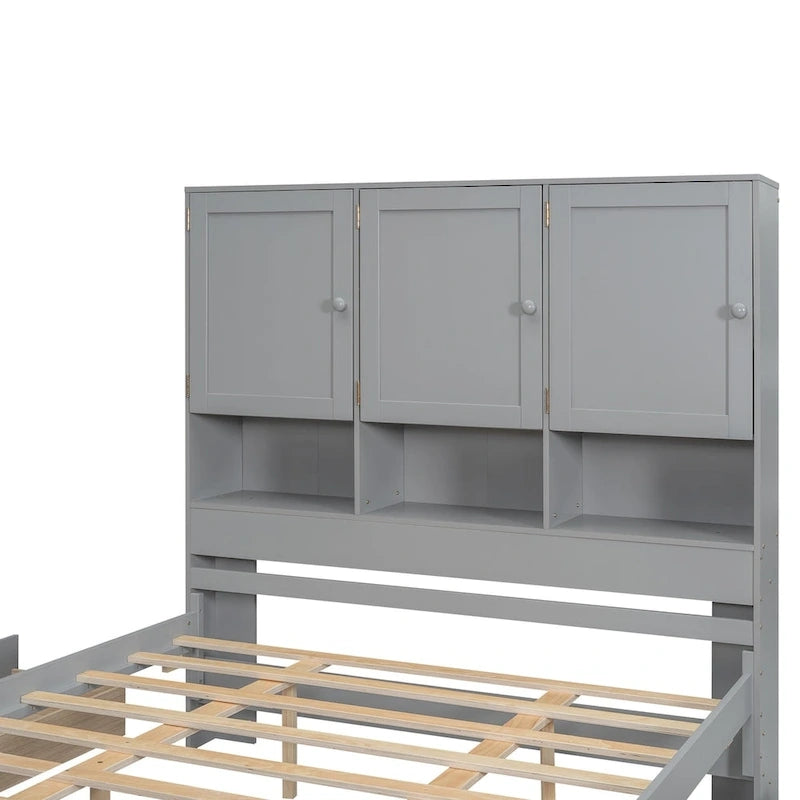 Lit plateforme Queen gris/blanc avec tête de lit de rangement et 4 tiroirs, pour 1 à 2 personnes