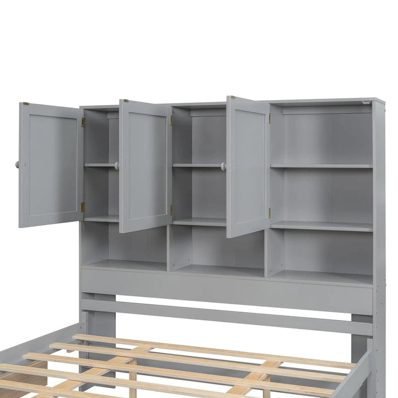 Lit plateforme Queen gris/blanc avec tête de lit de rangement et 4 tiroirs, pour 1 à 2 personnes