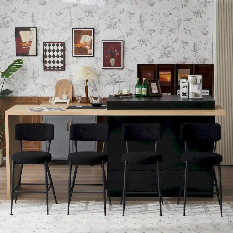 Tabourets de bar beiges/noirs/dorés, tissu Teddy, piètement en métal, lot de 4