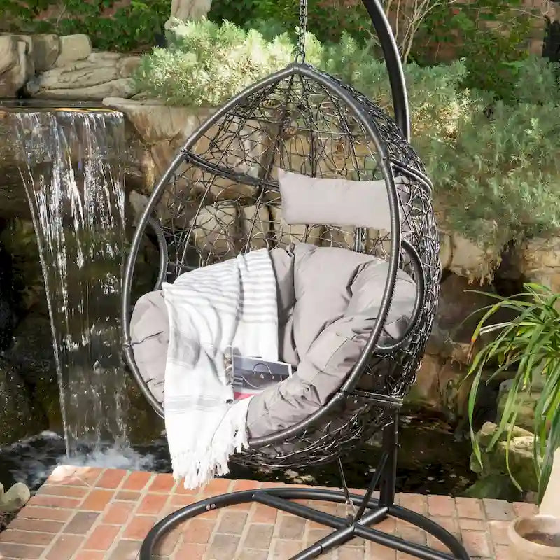 Chaise suspendue œuf en osier marron kaki/gris avec coussin, 1 personne, capacité 136 kg