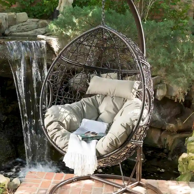 Chaise suspendue œuf en osier marron kaki/gris avec coussin, 1 personne, capacité 136 kg