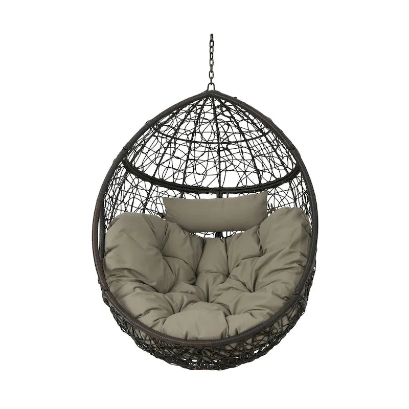 Chaise suspendue œuf en osier marron kaki/gris avec coussin, 1 personne, capacité 136 kg