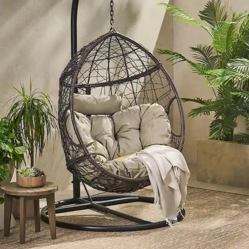 Chaise suspendue œuf en osier marron kaki/gris avec coussin, 1 personne, capacité 136 kg