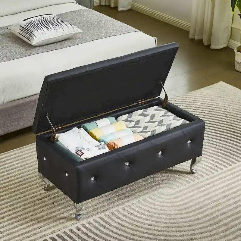 Banc de rangement en similicuir noir / gris / argent / blanc avec boutons en cristal — 1 personne
