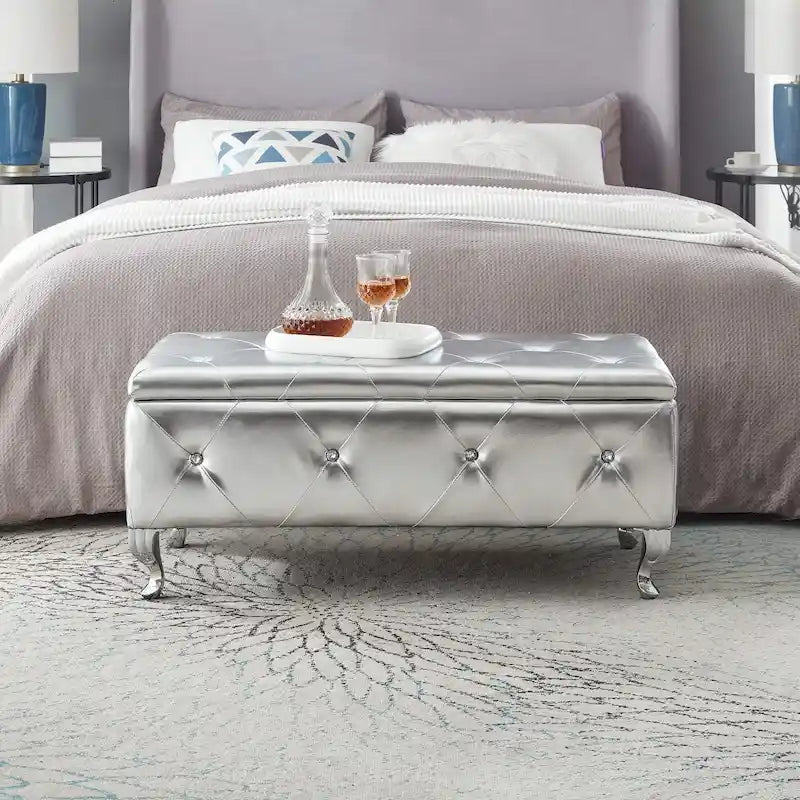 Banc de rangement en similicuir noir / gris / argent / blanc avec boutons en cristal — 1 personne