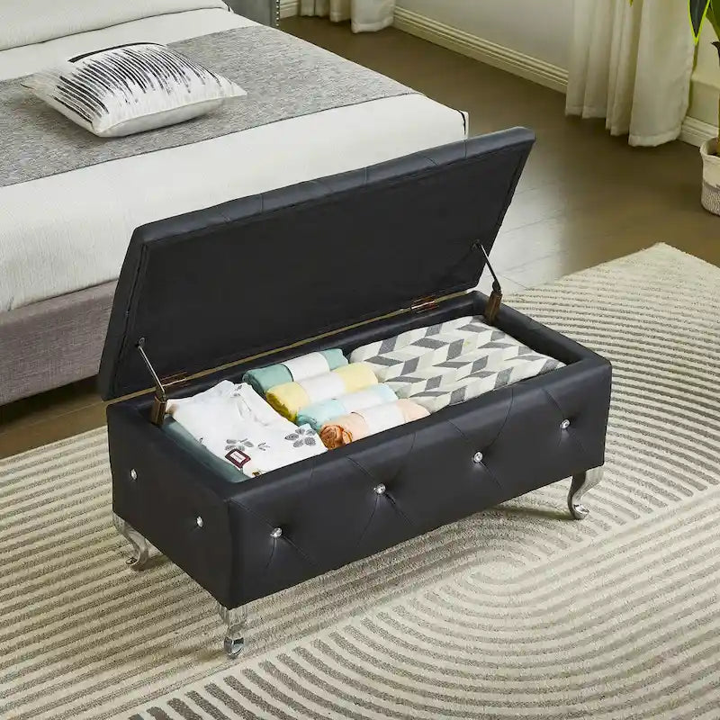 Banc de rangement en similicuir noir / gris / argent / blanc avec boutons en cristal — 1 personne