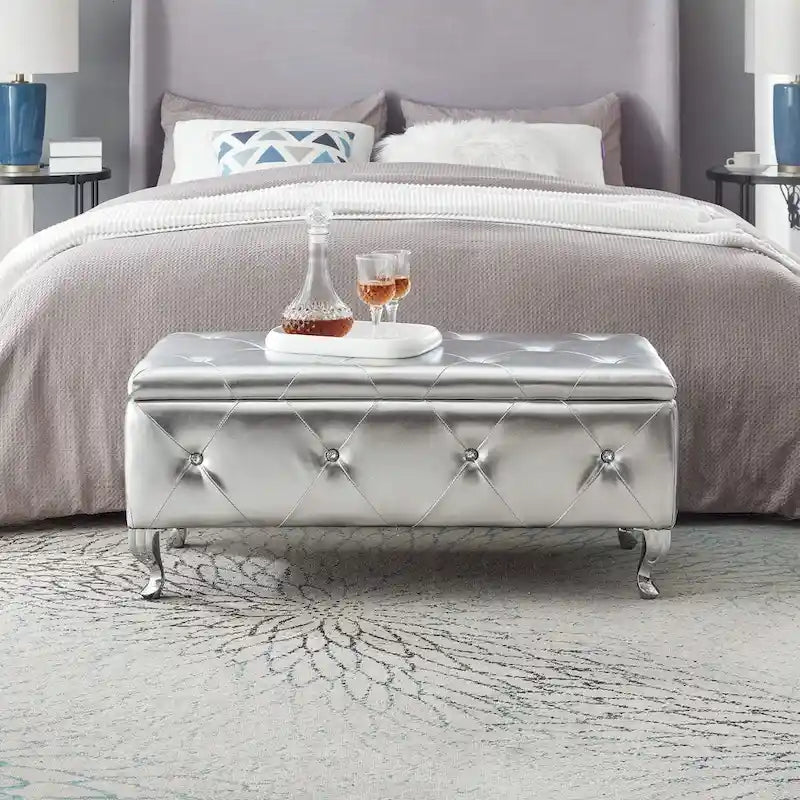 Banc de rangement en similicuir noir / gris / argent / blanc avec boutons en cristal — 1 personne