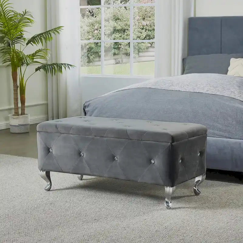 Banc de rangement en similicuir noir / gris / argent / blanc avec boutons en cristal — 1 personne