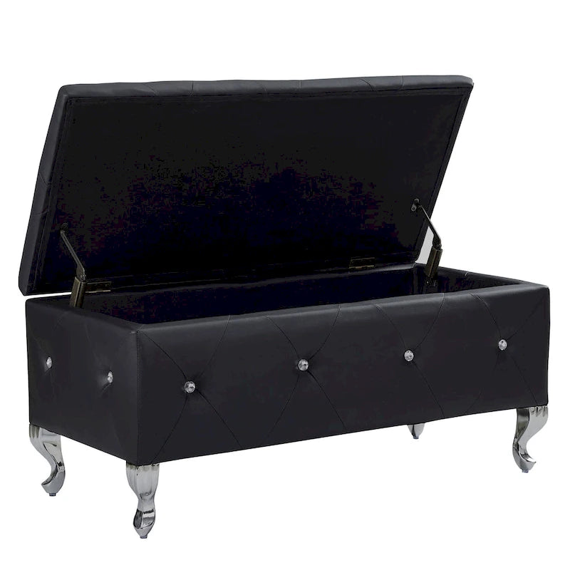 Banc de rangement en similicuir noir / gris / argent / blanc avec boutons en cristal — 1 personne