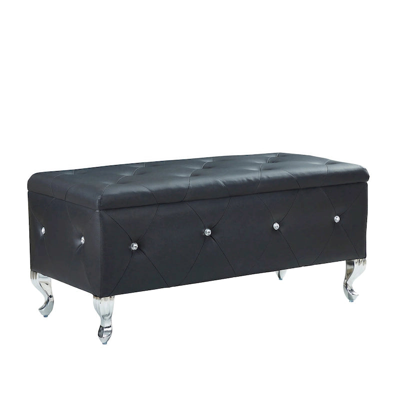 Banc de rangement en similicuir noir / gris / argent / blanc avec boutons en cristal — 1 personne
