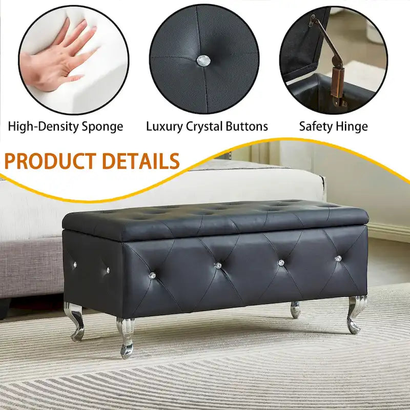 Banc de rangement en similicuir noir / gris / argent / blanc avec boutons en cristal — 1 personne