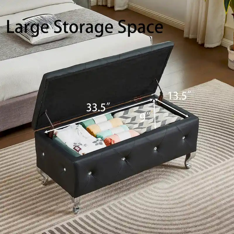 Banc de rangement en similicuir noir / gris / argent / blanc avec boutons en cristal — 1 personne