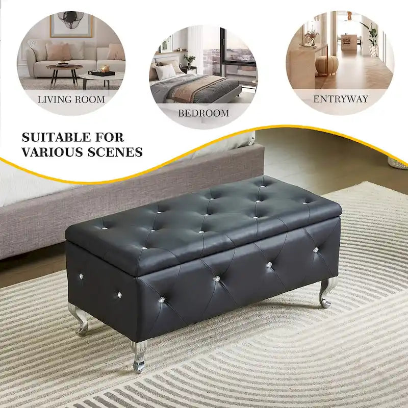 Banc de rangement en similicuir noir / gris / argent / blanc avec boutons en cristal — 1 personne