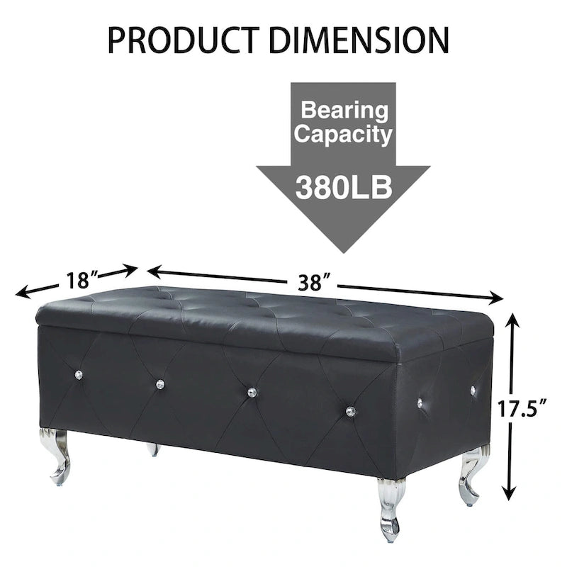 Banc de rangement en similicuir noir / gris / argent / blanc avec boutons en cristal — 1 personne