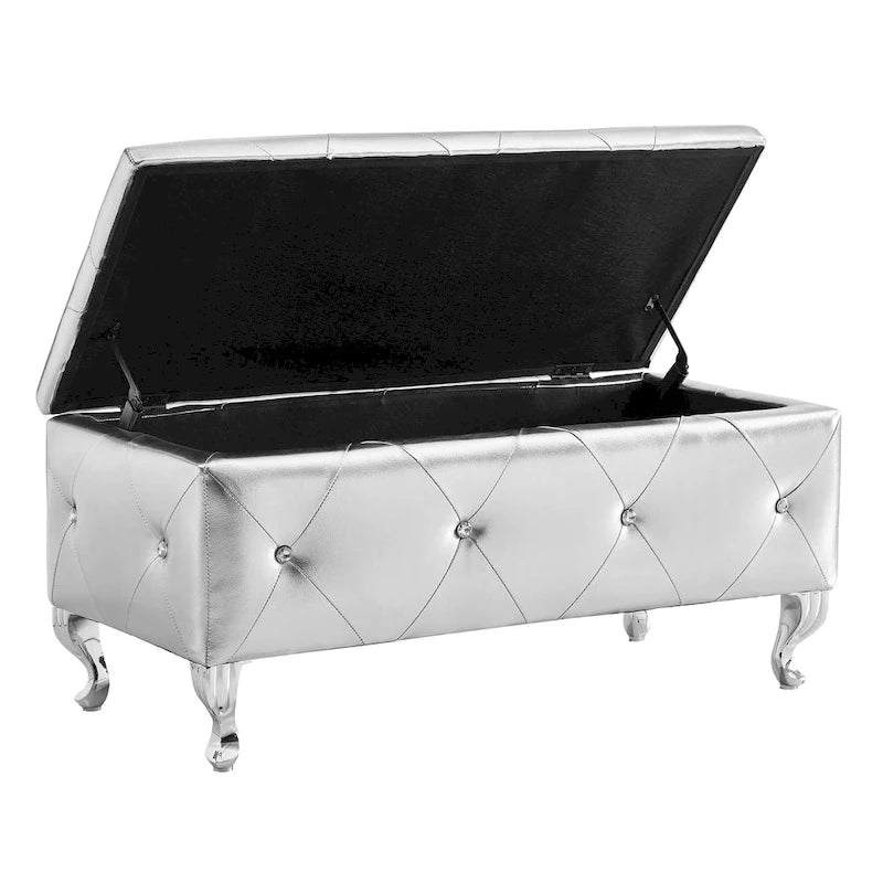 Banc de rangement en similicuir noir / gris / argent / blanc avec boutons en cristal — 1 personne