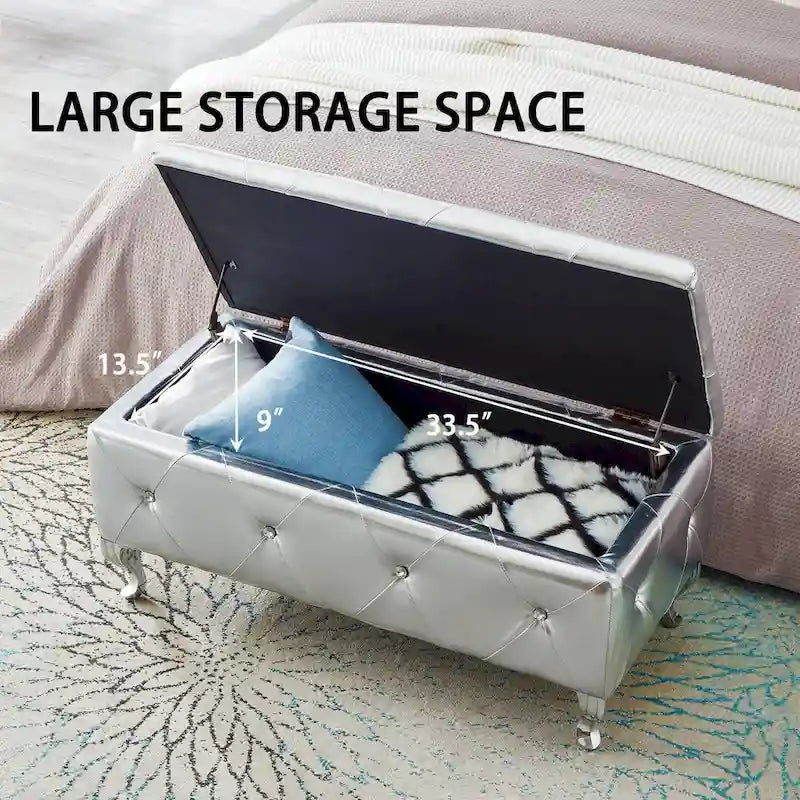 Banc de rangement en similicuir noir / gris / argent / blanc avec boutons en cristal — 1 personne