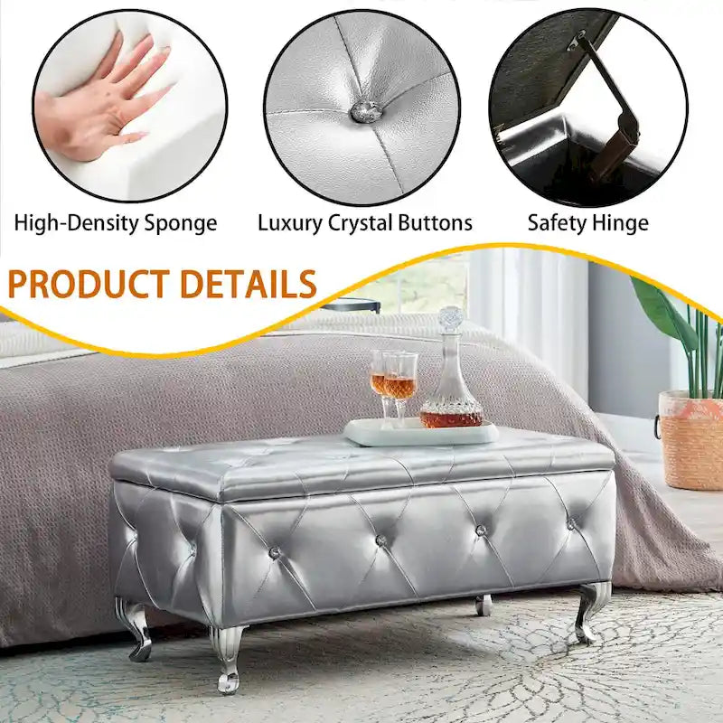 Banc de rangement en similicuir noir / gris / argent / blanc avec boutons en cristal — 1 personne