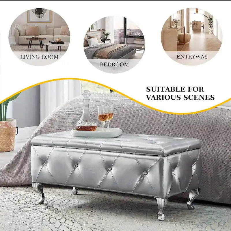 Banc de rangement en similicuir noir / gris / argent / blanc avec boutons en cristal — 1 personne