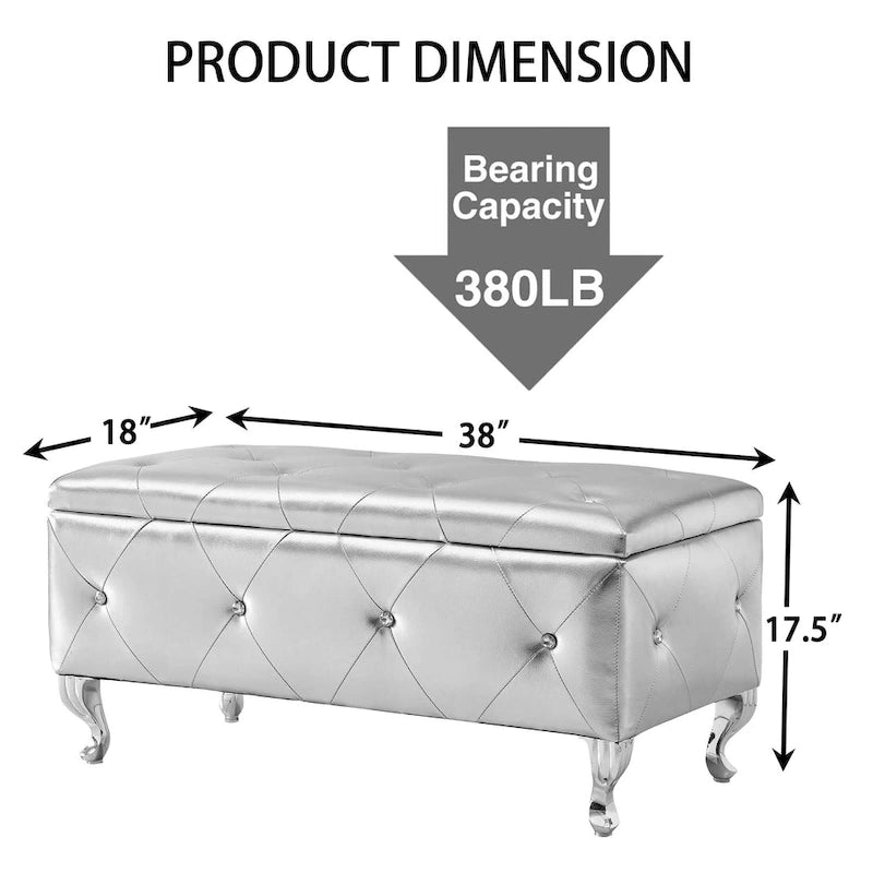 Banc de rangement en similicuir noir / gris / argent / blanc avec boutons en cristal — 1 personne