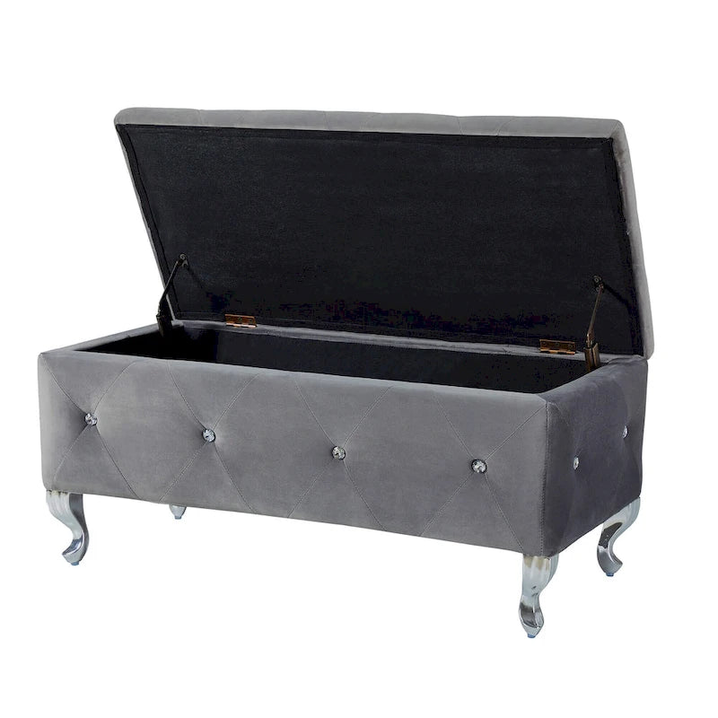 Banc de rangement en similicuir noir / gris / argent / blanc avec boutons en cristal — 1 personne