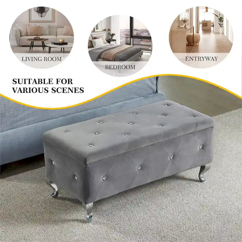 Banc de rangement en similicuir noir / gris / argent / blanc avec boutons en cristal — 1 personne