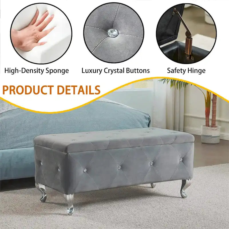 Banc de rangement en similicuir noir / gris / argent / blanc avec boutons en cristal — 1 personne