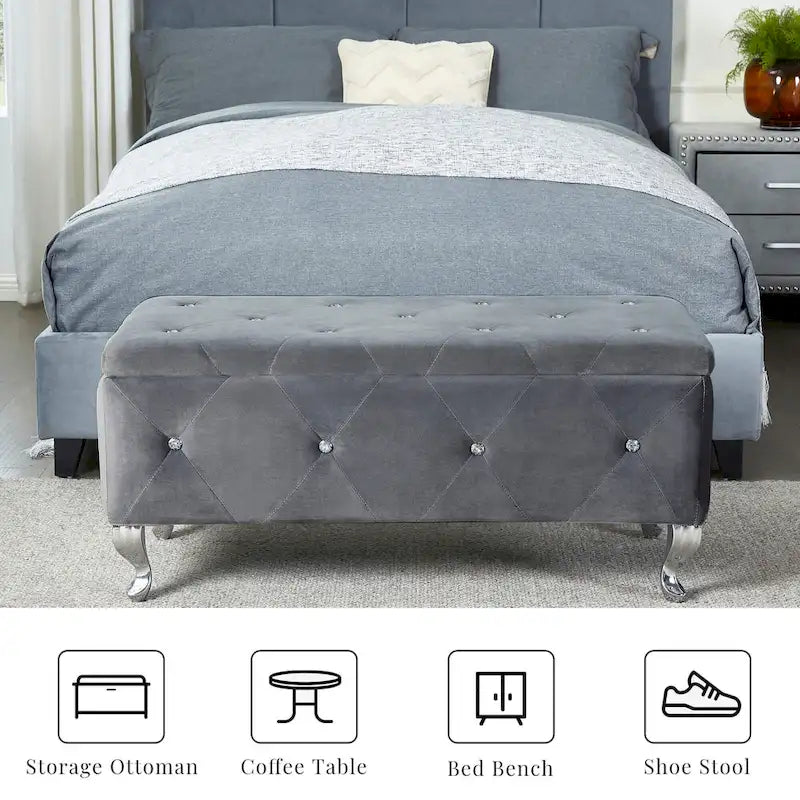 Banc de rangement en similicuir noir / gris / argent / blanc avec boutons en cristal — 1 personne