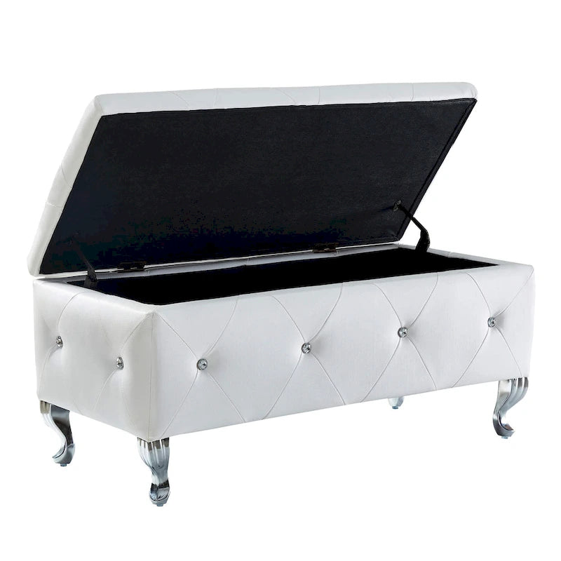 Banc de rangement en similicuir noir / gris / argent / blanc avec boutons en cristal — 1 personne
