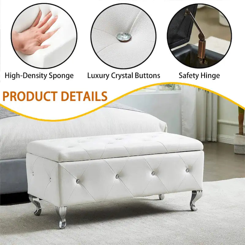 Banc de rangement en similicuir noir / gris / argent / blanc avec boutons en cristal — 1 personne