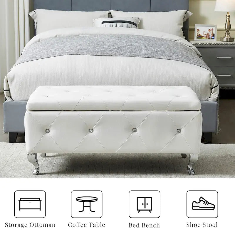 Banc de rangement en similicuir noir / gris / argent / blanc avec boutons en cristal — 1 personne