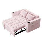 Canapé-lit convertible 2 places en velours rose / blanc crème / noir / gris avec porte-gobelets et port USB